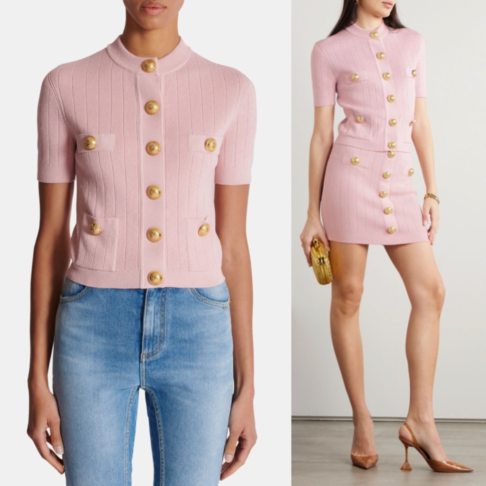 Balmain Knitted Four Pocket Short Sleeve Cardigan FR 40 US 8 Pink NWT